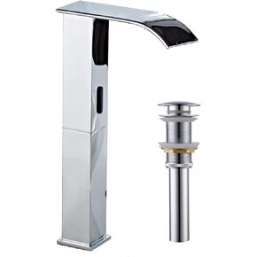 Automatic Sensor Bathroom Vessel Sink Faucet Chrome Electronic Motion Bathroom Faucet Waterfall Square Body Touchless Hands Free Energy Saving Water Tap Dual Powered One Hole Vanity Basin Faucet