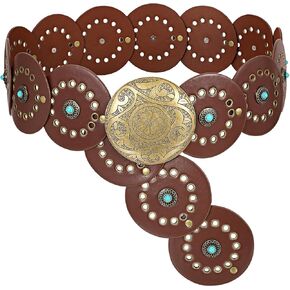 XZQTIVE Western Leather Belts for Woman Concho Cowgirl Cowboy Disc Belt for Ladies Wide Boho Country Waist Belts for Dress