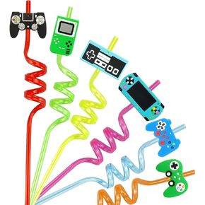 24pc Video Game Party Favors, Game Controller Drinking Straws as Birthday Party Supplies Decorations for Boys Goodie Gifts for Kids with 2 PCS Cleaning Brushes