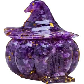 Amethyst Crystal Resin Pumpkin Statues Halloween Pumpkins Witch-Hat Lid Pumpkin Resin Jewelry Box Decorations for Tabletop Halloween 4.13"