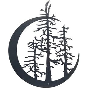 Metal Trees in Moon Wall Decor Farmhouse Pine Tree Decor Wall Hanging Sculpture Large Crescent Moon Wall Art Decor Rustic Cabin Decor for Home Christmas Indoor and Outdoor Decor (14.4"x11.8", Black Iron Vein)