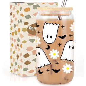 GSPY Cute Ghost Cups, 16oz Halloween Glass Cups with Lids and Straws, Spooky Bat Daisy Iced Coffee Tumbler, Fall Coffee Mug - Boo Basket Stuffers, Halloween Gifts for Women, Adults, Girls, Her