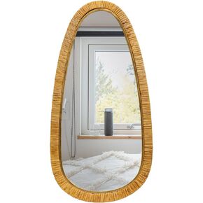 Mirrorize 24x48 Tulum غير النظامية الروطان مرآة اليدوية إطار بيضاوي مرآة الحائط، البيج ديكور بوهو لهجة الحمام الشاطئ مرآة in Kuwait