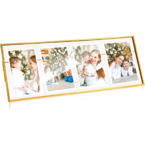 Suzile 4 Photo Floating Picture Frame Vintage Style Glass and Metal Photo Frame with Locket Closure Fits 4 Pcs 2 x 3 Photos Horizontal Floating Frame for Art Tabletop Display Keepsakes, Gold