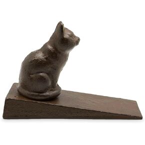 Linda Cat Door Stopper - Cast Iron Door Stopper with Cat Figurine - Prevent Loud Door Bangs - Keep Doors Open - Decorative Rustic Door Stopper (Sitting Cat)