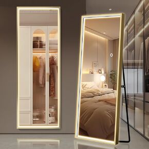 63"x16" Full Length Mirror with LED Lights, Free Standing Floor Mirror, Full Body Dressing Mirror, Wall Mounted Hanging Mirror for Bedroom, Gold