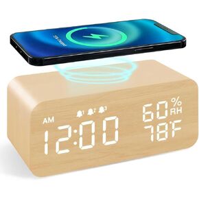 Multi Functional Creative Wooden Clock, LED Wooden Charging Alarm Clock,12/24H Time Display,Temperature Display, Dual Alarms for Home/Office/Bedroom（Bamboo color）