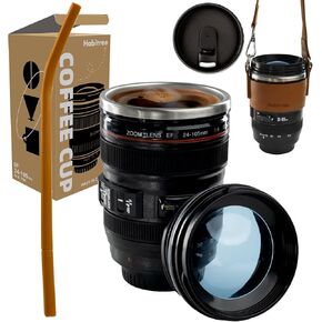 Camera Lens Coffee Mug - Ideal for Photographers&Travelers - 2 Lids, Cup Holder, Silicone Straw - Stainless Steel Lens Mug Thermos - perfect choice for Men&Women - Personalized, Portable Cup