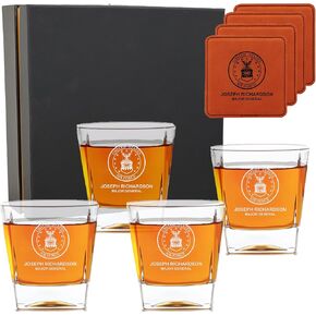 Personalized Military Scotch Glass Set of 4 with Optional Engraved Wooden Box - Custom Etched Glasses for Army, Navy, Air Force, Coast Guard - Active Duty & Veterans