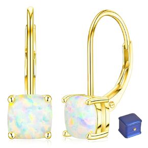 925 Sterling Silver Handmade Opal Earrings, 14K Gold Leverback Earrings for Women, Drop Earrings (Opal Gold Square)