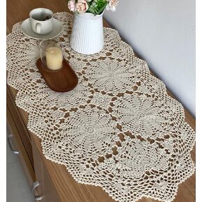 Hand Crochet Lace Doily Table Runner Farmhouse Coffee Table Dresser Scarf (19" x 48")