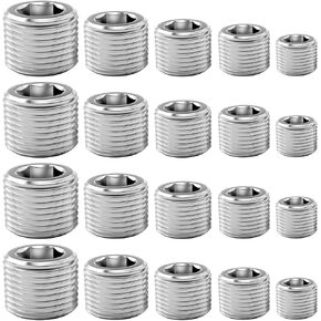 20 Pcs Stainless Steel Pipe Plug Fitting, 5 Sizes 1/8" 1/4" 3/8" 1/2" 3/4" NPT Male Internal Hex Thread Socket Pipe Plug Fitting Assortment Kit