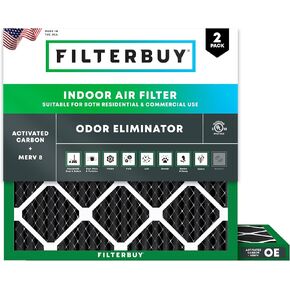 Filterbuy 24x24x1 Air Filter MERV 8 Odor Eliminator (2-Pack), Pleated HVAC AC Furnace Air Filters Replacement with Activated Carbon (Actual Size: 23.38 x 23.38 x 0.75 Inches)