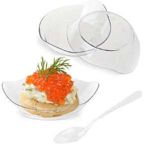 TOFLEN 100ct Mini Dessert Plates with Tasting Spoons, 2.5 Inch Small Reusable Clear Plastic Square Party Serving Hors D'oeuvres Plates for Appetizers (Square)