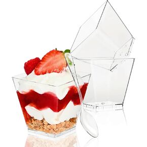 TOFLEN 50 Pack 3.5 oz Plastic Dessert Cups with Spoons for Party, Mini Square Dessert Cups for Yogurt, Parfait, Pudding, Jello and Appetizers, Dessert Shooters