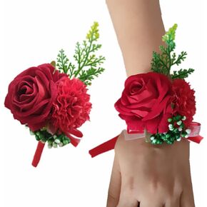 Jilukibo Red Corsage and Boutonniere Set Prom Suit, Artificial Rose Flower Bridesmaid Wrist Corsage Wristband for Groom Groomsmen, Bride Bridal Hand Ribbon Bracelet for Wedding Party Decor (2 Pack)