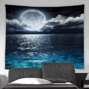 AMFD Ocean Moon Tapestry Full Moon Planet Night Sky Natural Scenery Home Decor Wall Hanging Art for Living Room Bedroom Dorm 90x71 Inch