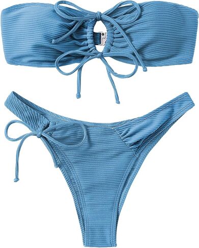 SweatyRocks Women's Color Block 2 Piece Strapless Tie Front High Cut Bikini Bandeau Swimsuit Blue Small in Saudi Arabia