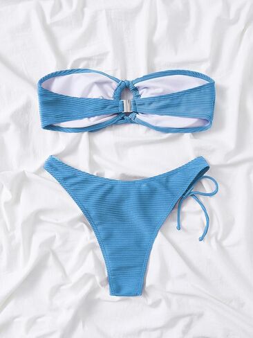 SweatyRocks Women's Color Block 2 Piece Strapless Tie Front High Cut Bikini Bandeau Swimsuit Blue Small in Saudi Arabia
