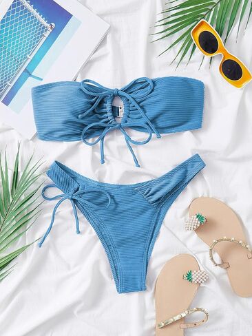 SweatyRocks Women's Color Block 2 Piece Strapless Tie Front High Cut Bikini Bandeau Swimsuit Blue Small in Saudi Arabia