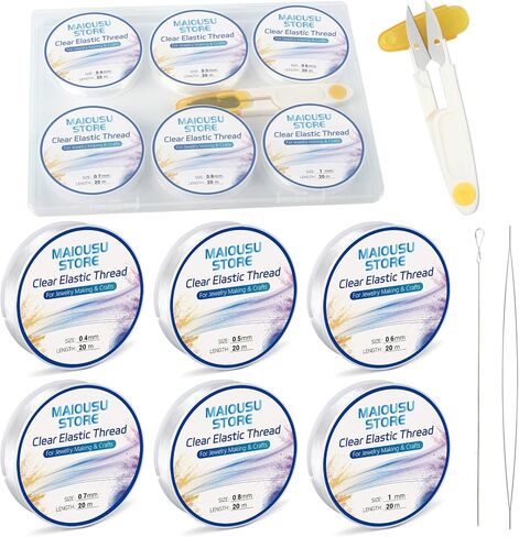 Pack of 6 Clear Elastic Bracelet String for DIY Jewelry Making 200m (0.5mm 50m, 0.8mm 30m, 1mm 20m) x2 with 1 Scissor and 2 Needles Clear Bracelet Elastic Thread Stretchy Elastic for Bracelet Making in Saudi Arabia