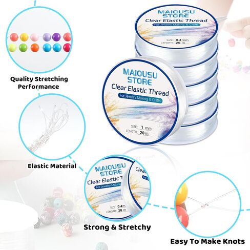 Pack of 6 Clear Elastic Bracelet String for DIY Jewelry Making 200m (0.5mm 50m, 0.8mm 30m, 1mm 20m) x2 with 1 Scissor and 2 Needles Clear Bracelet Elastic Thread Stretchy Elastic for Bracelet Making in Saudi Arabia