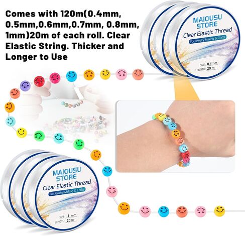 Pack of 6 Clear Elastic Bracelet String for DIY Jewelry Making 200m (0.5mm 50m, 0.8mm 30m, 1mm 20m) x2 with 1 Scissor and 2 Needles Clear Bracelet Elastic Thread Stretchy Elastic for Bracelet Making in Saudi Arabia