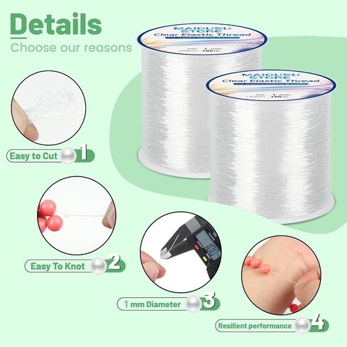 Pack of 6 Clear Elastic Bracelet String for DIY Jewelry Making 200m (0.5mm 50m, 0.8mm 30m, 1mm 20m) x2 with 1 Scissor and 2 Needles Clear Bracelet Elastic Thread Stretchy Elastic for Bracelet Making in Saudi Arabia