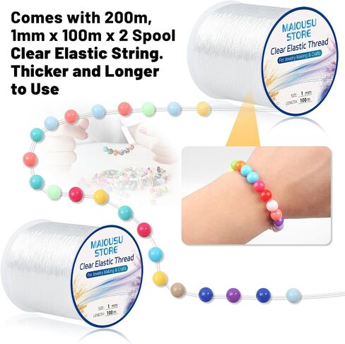 Pack of 6 Clear Elastic Bracelet String for DIY Jewelry Making 200m (0.5mm 50m, 0.8mm 30m, 1mm 20m) x2 with 1 Scissor and 2 Needles Clear Bracelet Elastic Thread Stretchy Elastic for Bracelet Making in Saudi Arabia