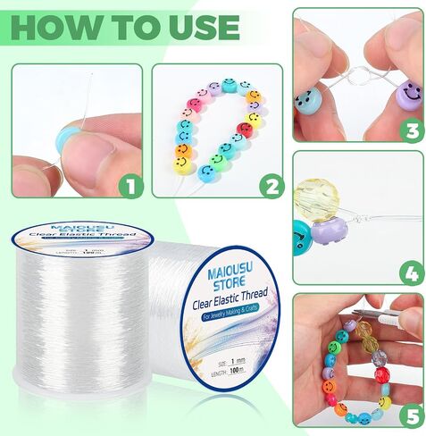 Pack of 6 Clear Elastic Bracelet String for DIY Jewelry Making 200m (0.5mm 50m, 0.8mm 30m, 1mm 20m) x2 with 1 Scissor and 2 Needles Clear Bracelet Elastic Thread Stretchy Elastic for Bracelet Making in Saudi Arabia