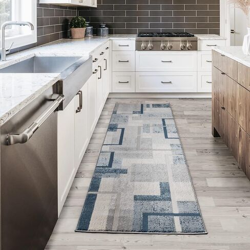 Gertmenian Premium High Low Machine Woven Rug | Easy-Cleaning & Non-Shedding | Living Room, Dining Room, Bedroom, Office | 2x8 Ft Runner, Abstract Geometric, Blue, 24022 in Saudi Arabia