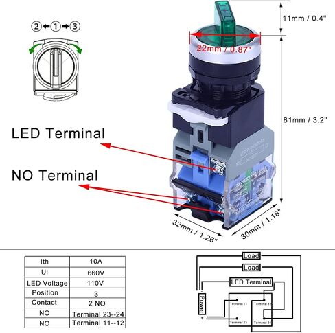 2Pcs LED Light Latching Rotary Selector Switch with 110V LED lamp, 22mm 3 Positions,2 NO,Green LED Light and Red LED Light Maintained Latching Rotary Selector Switches,Ith 10A Ui 660V in Kuwait