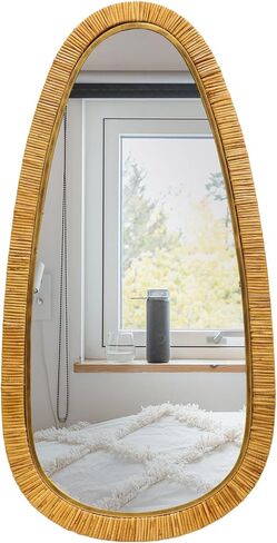 Mirrorize 24x48 Tulum غير النظامية الروطان مرآة اليدوية إطار بيضاوي مرآة الحائط، البيج ديكور بوهو لهجة الحمام الشاطئ مرآة in Kuwait