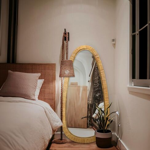 Mirrorize 24x48 Tulum غير النظامية الروطان مرآة اليدوية إطار بيضاوي مرآة الحائط، البيج ديكور بوهو لهجة الحمام الشاطئ مرآة in Kuwait