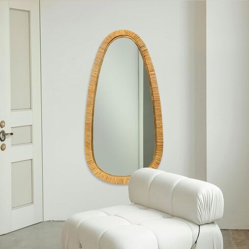 Mirrorize 24x48 Tulum غير النظامية الروطان مرآة اليدوية إطار بيضاوي مرآة الحائط، البيج ديكور بوهو لهجة الحمام الشاطئ مرآة in Kuwait