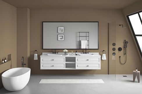 مرآة حمام LUSPAZ مقاس 60 × 36 بوصة، مرآة حمام كبيرة الحجم مثبتة على الحائط بإطار معدني أبيض حديث مستطيل الشكل مع زجاج مقاوم للصدأ، يتم تعليقها أفقيًا أو رأسيًا in Kuwait