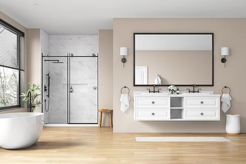 مرآة حمام LUSPAZ مقاس 60 × 36 بوصة، مرآة حمام كبيرة الحجم مثبتة على الحائط بإطار معدني أبيض حديث مستطيل الشكل مع زجاج مقاوم للصدأ، يتم تعليقها أفقيًا أو رأسيًا in Kuwait