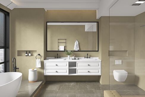 مرآة حمام LUSPAZ مقاس 60 × 36 بوصة، مرآة حمام كبيرة الحجم مثبتة على الحائط بإطار معدني أبيض حديث مستطيل الشكل مع زجاج مقاوم للصدأ، يتم تعليقها أفقيًا أو رأسيًا in Kuwait