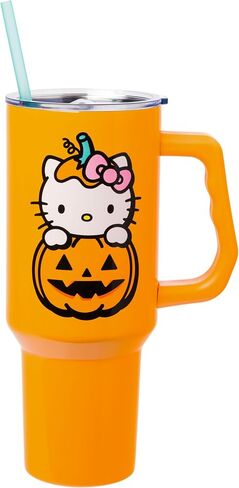 Silver Buffalo Sanrio Hello Kitty Halloween Jack-O-Lantern Stainless Steel Tumbler with Handle and Straw, Fits in Standard Cup Holder, 40 Ounces in Saudi Arabia