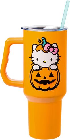 Silver Buffalo Sanrio Hello Kitty Halloween Jack-O-Lantern Stainless Steel Tumbler with Handle and Straw, Fits in Standard Cup Holder, 40 Ounces in Saudi Arabia