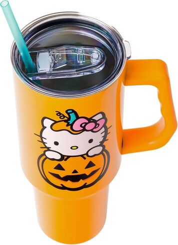 Silver Buffalo Sanrio Hello Kitty Halloween Jack-O-Lantern Stainless Steel Tumbler with Handle and Straw, Fits in Standard Cup Holder, 40 Ounces in Saudi Arabia