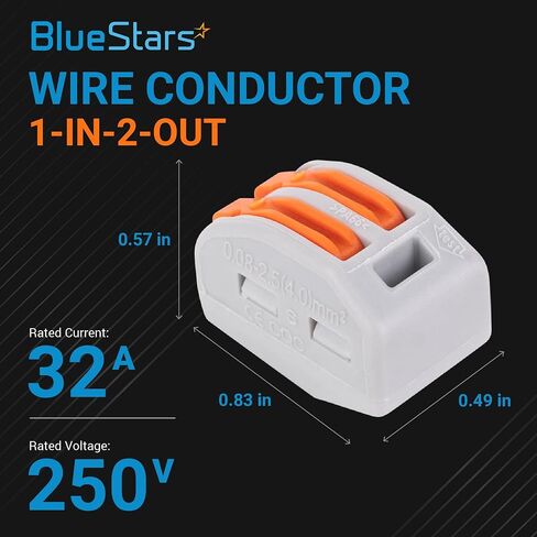 BlueStars 50 قطعة موصل بمنفذين - 250 فولت 32 أمبير موصلات أسلاك برتقالية مناسبة لأنواع متعددة من موصلات طرفية بعقب 28-12 AWG - معتمدة من CE in Saudi Arabia