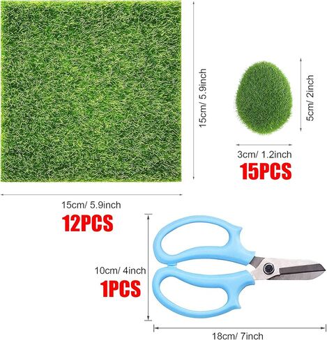مجموعة كايواي 28 قطعة من عشب الحديقة الاصطناعي وصخور الطحالب الاصطناعية، 5.9 × 5.9 بوصة، 12 قطعة من العشب الاصطناعي الخيالي و15 قطعة من كرات الطحالب الخضراء، مقص زهور للديكور، حدائق الجنية in Kuwait