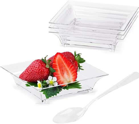 TOFLEN 100ct Mini Dessert Plates with Tasting Spoons, 2.5 Inch Small Reusable Clear Plastic Square Party Serving Hors D'oeuvres Plates for Appetizers (Square) in Saudi Arabia