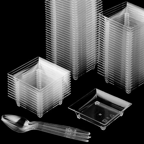 TOFLEN 100ct Mini Dessert Plates with Tasting Spoons, 2.5 Inch Small Reusable Clear Plastic Square Party Serving Hors D'oeuvres Plates for Appetizers (Square) in Saudi Arabia