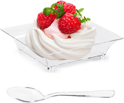 TOFLEN 100ct Mini Dessert Plates with Tasting Spoons, 2.5 Inch Small Reusable Clear Plastic Square Party Serving Hors D'oeuvres Plates for Appetizers (Square) in Saudi Arabia