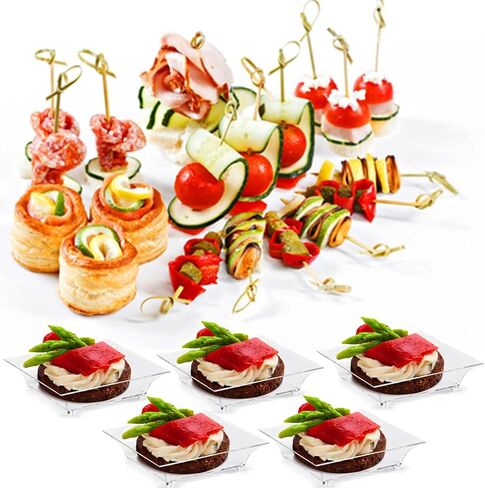 TOFLEN 100ct Mini Dessert Plates with Tasting Spoons, 2.5 Inch Small Reusable Clear Plastic Square Party Serving Hors D'oeuvres Plates for Appetizers (Square) in Saudi Arabia