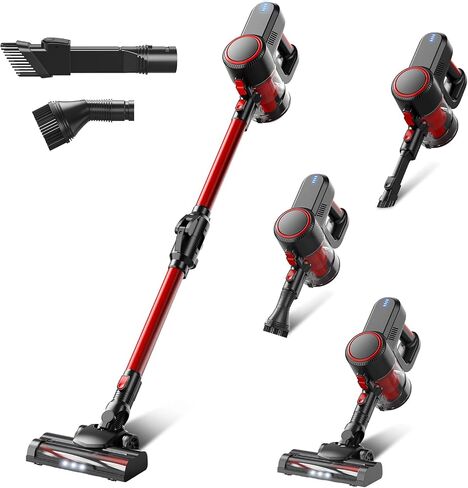 Cordless Vacuum Cleaner with Bendable Wand, Lightweight Stick Vacuum for Home Hardwood Floor Carpet Pet Hair, Brushless Motor, LED Headlight, Self-Standing, Rechargeable (Black & Red) in Saudi Arabia