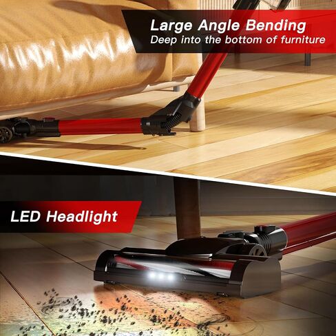 Cordless Vacuum Cleaner with Bendable Wand, Lightweight Stick Vacuum for Home Hardwood Floor Carpet Pet Hair, Brushless Motor, LED Headlight, Self-Standing, Rechargeable (Black & Red) in Saudi Arabia