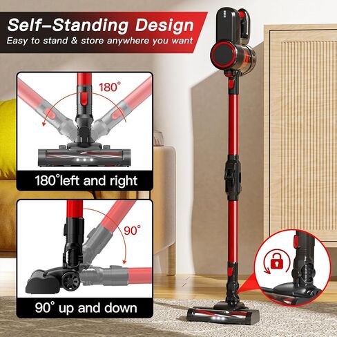 Cordless Vacuum Cleaner with Bendable Wand, Lightweight Stick Vacuum for Home Hardwood Floor Carpet Pet Hair, Brushless Motor, LED Headlight, Self-Standing, Rechargeable (Black & Red) in Saudi Arabia